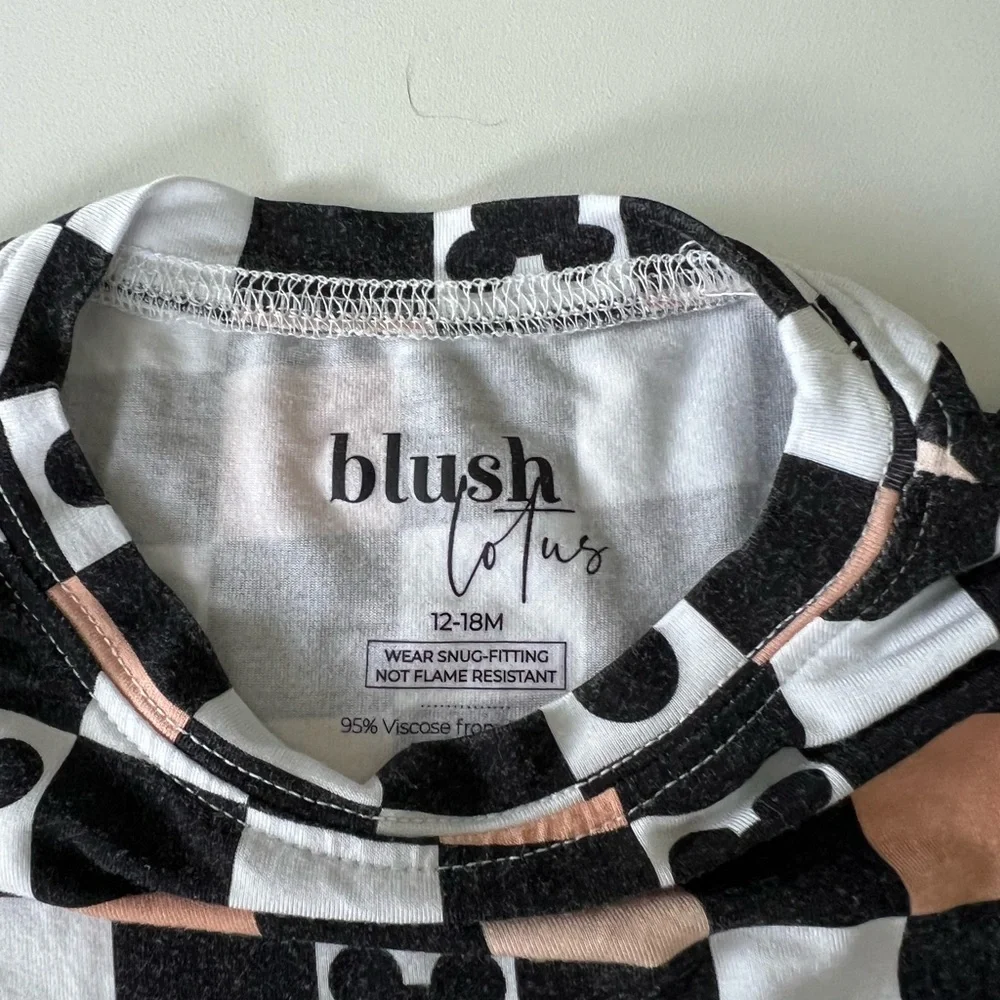 2 Piece Mickey Matching Set Checkered Neutral Shorts and T Shirt Blush Lotus